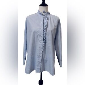 MNG Mango Blue & White Striped Ruffle Neck Button-Up Blouse Size 4